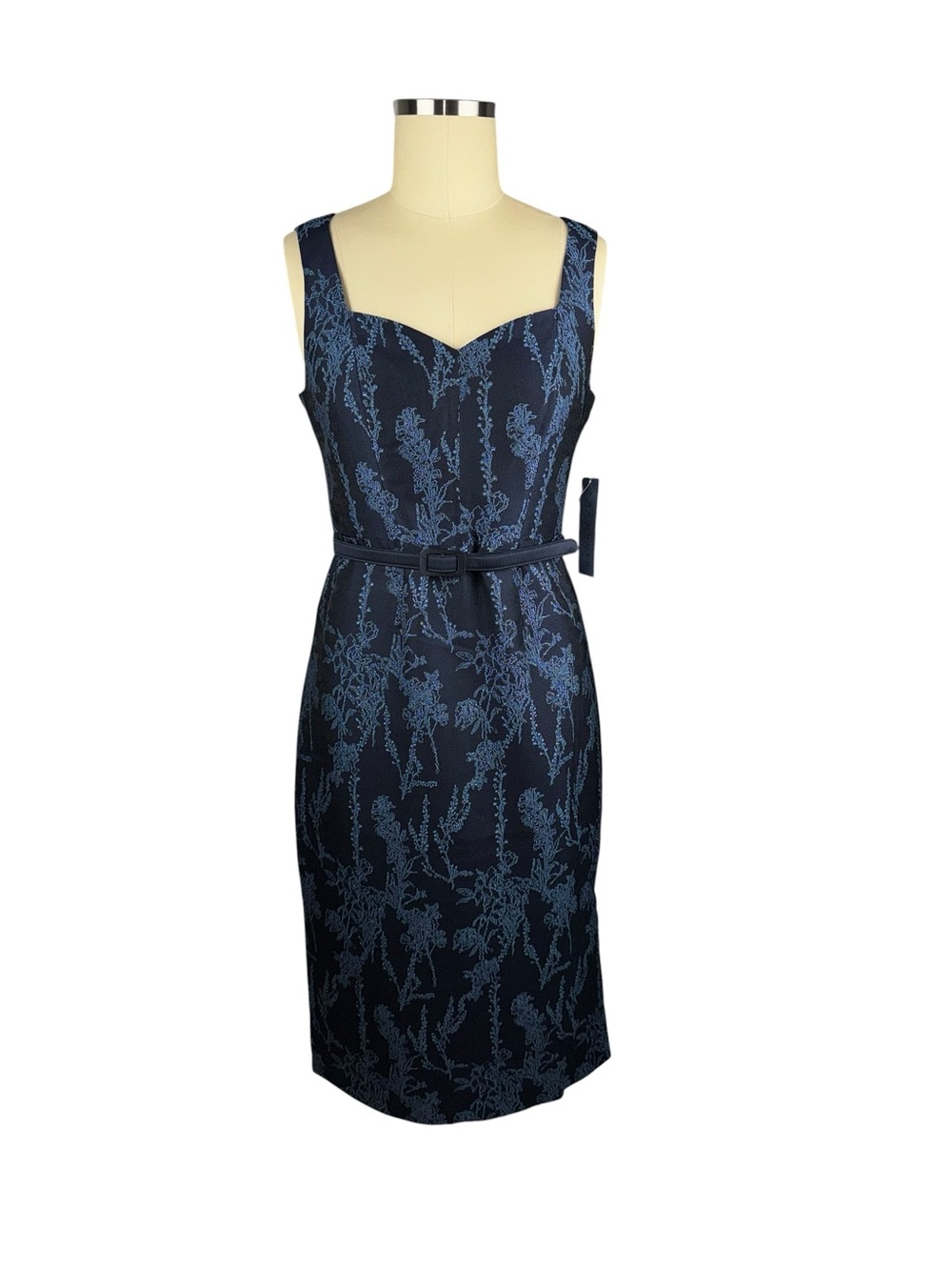 NWT Kay Unger NY Blue Floral Jacquard Sheath Cocktail Dress 12 Side Slits Midi